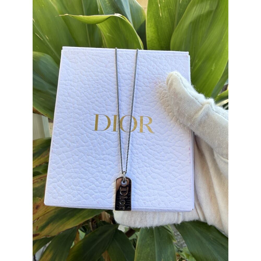 Christian Dior Logo Plate Gunmetal Chain Pendant Necklace Authentic Dog Tag